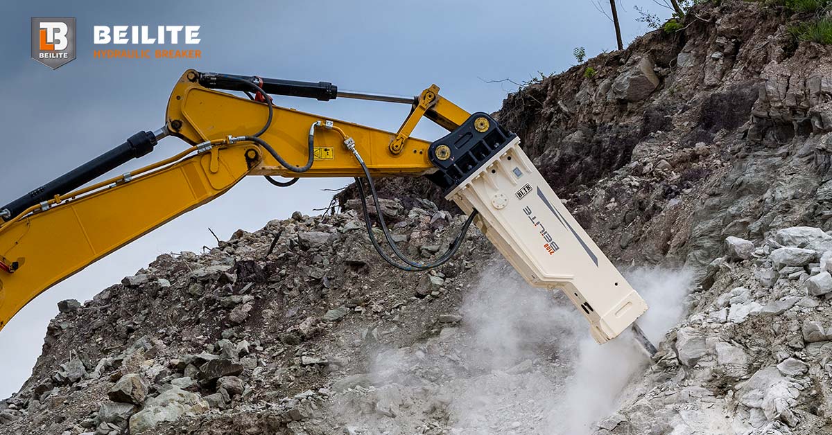 A BEILITE hydraulic breaker working in a demanding quarry environment, showcasing its durability in a real-world application