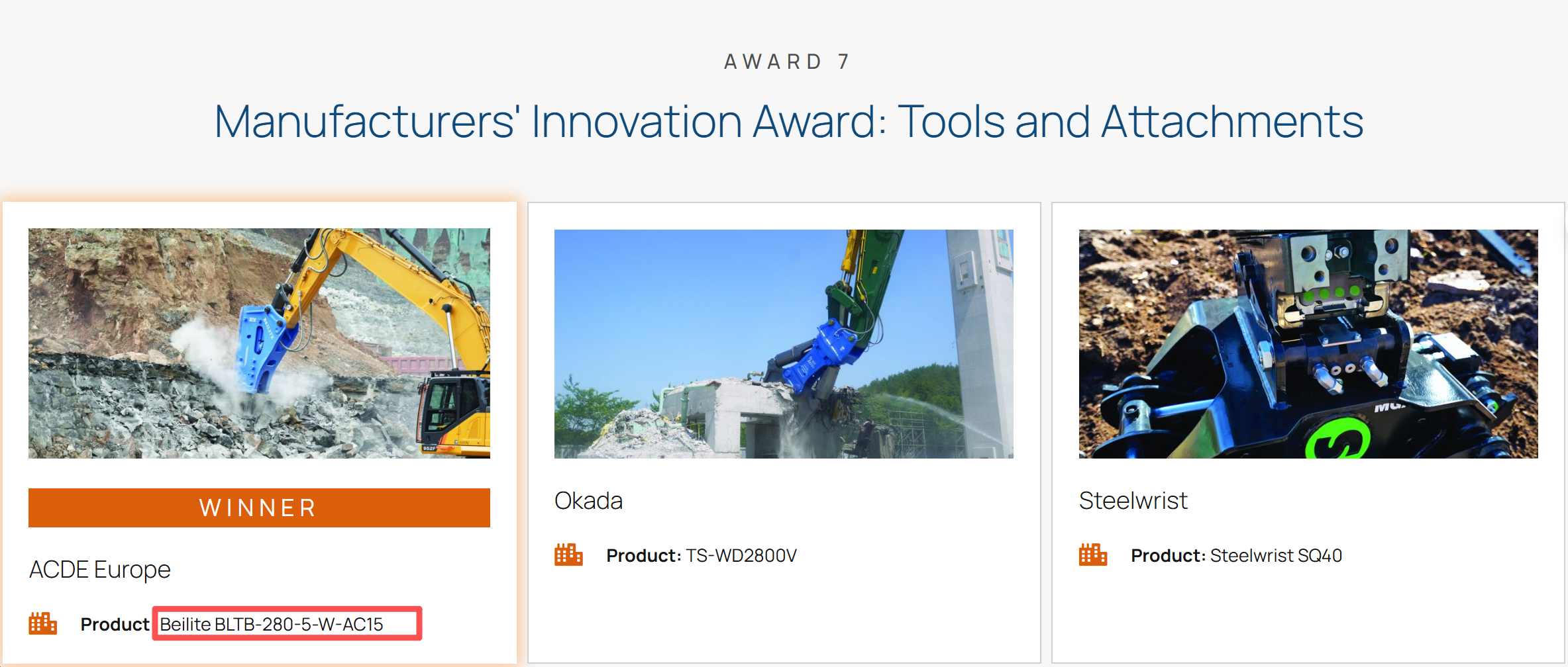 BLTB 280-5-W-AC15 Wins the 2025 World Demolition Award for Innovation – Tools & Attachments